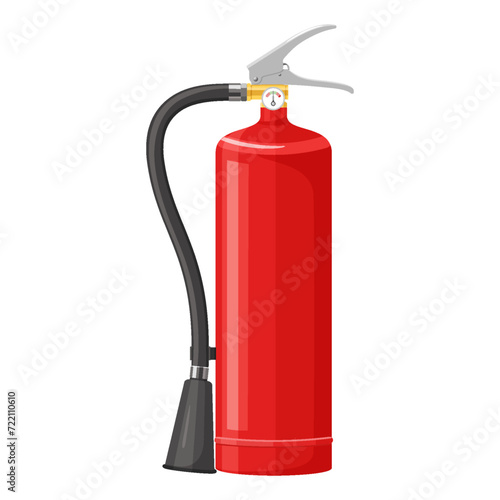 Red fire extinguisher with nozzle isolated on white background. Portable fire extinguishing equipment from fire department. Professional tool or instrument. Flat cartoon design vector illustration