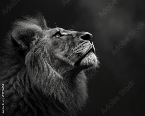 Stoic Lion with Majestic Mane in Black and White  Noble Gaze Portrait 