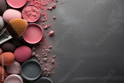 Various make up products artistically displayed on dark background. photo