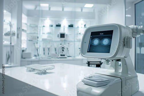 atmospheric photo capturing a sleek and modern vision testing station with a digital eye chart, illustrating the integration of technology into eye care in a minimalistic photo
