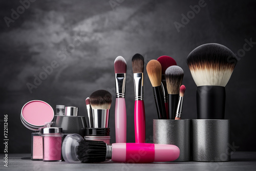 Assortment of make up cosmetic brushes and makeup on a dark background. photo