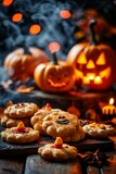 cookies and shortbreads with jack o lantern in the background, halloween treats, autumn cakes and sweets, halloween party, bakery, cookies cake and shortbread with pumpkin, Generative AI