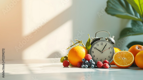 A clock with a healthy fruits, orange and grapes. healthy lifestyle and diet timing concept photo