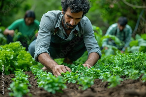 Indian organic gardener cultivating a variety of vegetables using traditional methods