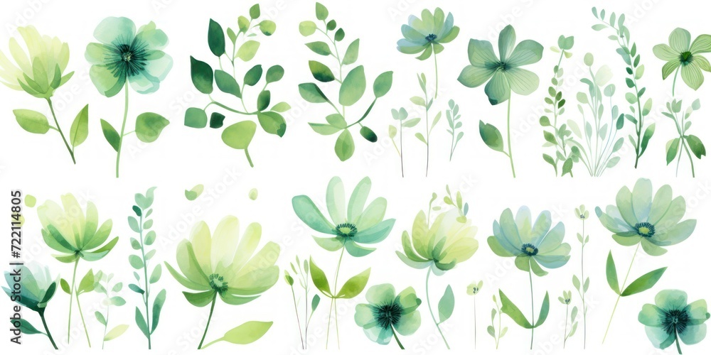 Green several pattern flower, sketch, illust, abstract watercolor, flat design, white background - obrazy, fototapety, plakaty 