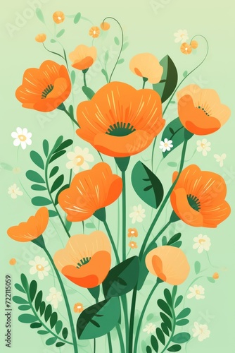 Green vector illustration cute aesthetic old orange paper with cute orange flowers 