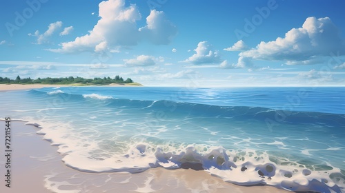 Tranquil seascape with gentle waves rolling onto a sandy beach under a clear sky
