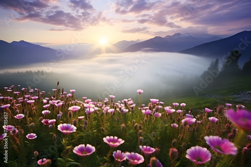 Mountains, flowers, fresh morning, fog, cold weather