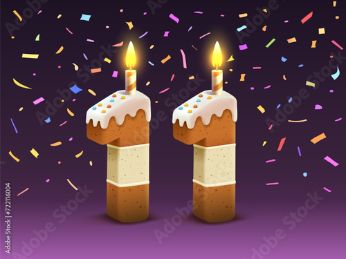 Happy Birthday, person birthday anniversary, Candle with cake in the form of numbers 11. Vector illustration