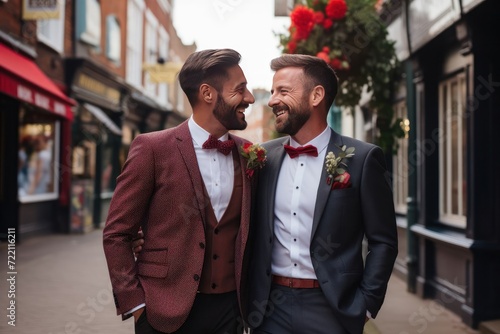 Two men couple smiling confident hugging each other at street. Portrait of loving gay male couple outside in city street. people, homosexuality, same sex love concept. happy smiling male gay couple photo