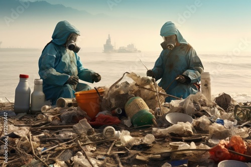 activists in hazmat suits cleaning the beach from trash on the coast. Close-up of a bunch of collected cellophane bags, plastic on the seashore. Concept of ecology, let's preserve nature. Environment
