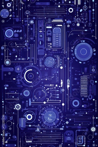 Indigo abstract technology background using tech devices and icons