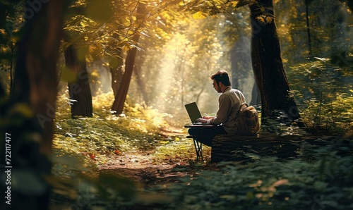 Man working in nature, teleworking, plant a tree, man with laptop in a forest, computer, informatic, feeling good at work, working from home, remote working, back to nature, Generative AI