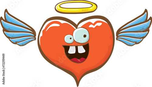 Cartoon bintage groovy heart character with wings and holy angel golden nimbus isolated on white background. Conceptual valentines day comic funky heart sticker and label vintage cartoon comic style