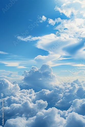 Blue sky with clouds, flying over the clouds, in the middle of the clouds, plane picture, cirrus clouds, fair weather, sunny day, sky background, bright daylight, day, nature, Generative AI
