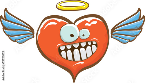 Cartoon bintage groovy heart character with wings and holy angel golden nimbus isolated on white background. Conceptual valentines day comic funky heart sticker and label vintage cartoon comic style