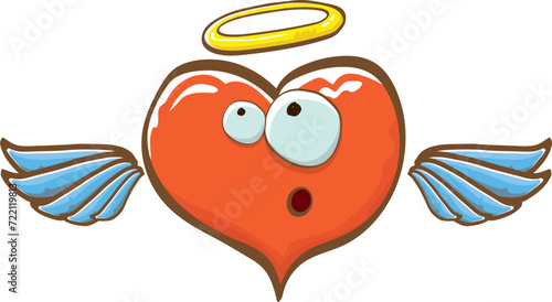 Cartoon bintage groovy heart character with wings and holy angel golden nimbus isolated on white background. Conceptual valentines day comic funky heart sticker and label vintage cartoon comic style photo