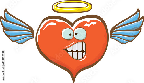 Cartoon bintage groovy heart character with wings and holy angel golden nimbus isolated on white background. Conceptual valentines day comic funky heart sticker and label vintage cartoon comic style