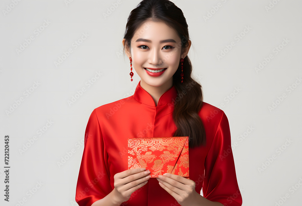 A smiling Chinese woman in a traditional red dress holding a red envelope isolated on a white background, celebrating Chinese New Year. A smiling Chinese woman in a traditional red dress holding a red envelope isolated on a white background, celebrating Chinese New Year.