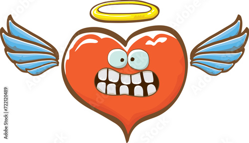 Cartoon bintage groovy heart character with wings and holy angel golden nimbus isolated on white background. Conceptual valentines day comic funky heart sticker and label vintage cartoon comic style