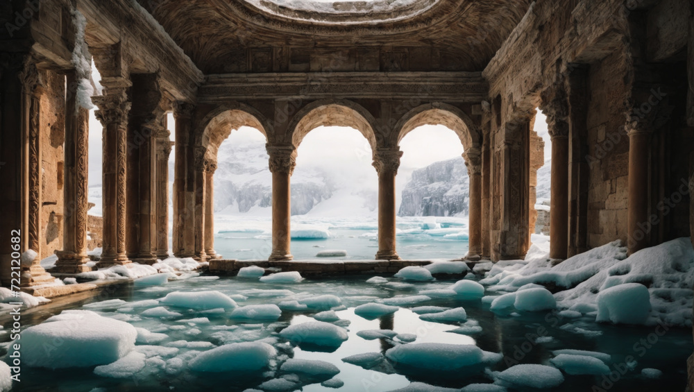 Fototapeta premium surreal landscape, ancient Roman ruins appear among lush ice floes, walls in ice, snowy and cold. ancient stones and intricately woven snow are a combination of ancient and wild