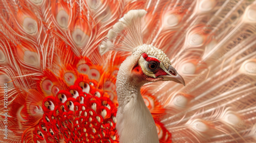 Fototapeta premium A close up photo of a red and white peacock with feathers.