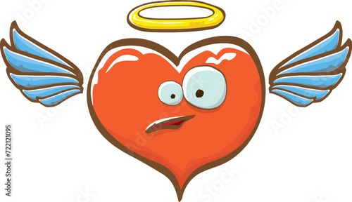 Cartoon bintage groovy heart character with wings and holy angel golden nimbus isolated on white background. Conceptual valentines day comic funky heart sticker and label vintage cartoon comic style