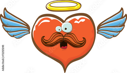 Cartoon bintage groovy heart character with wings and holy angel golden nimbus isolated on white background. Conceptual valentines day comic funky heart sticker and label vintage cartoon comic style