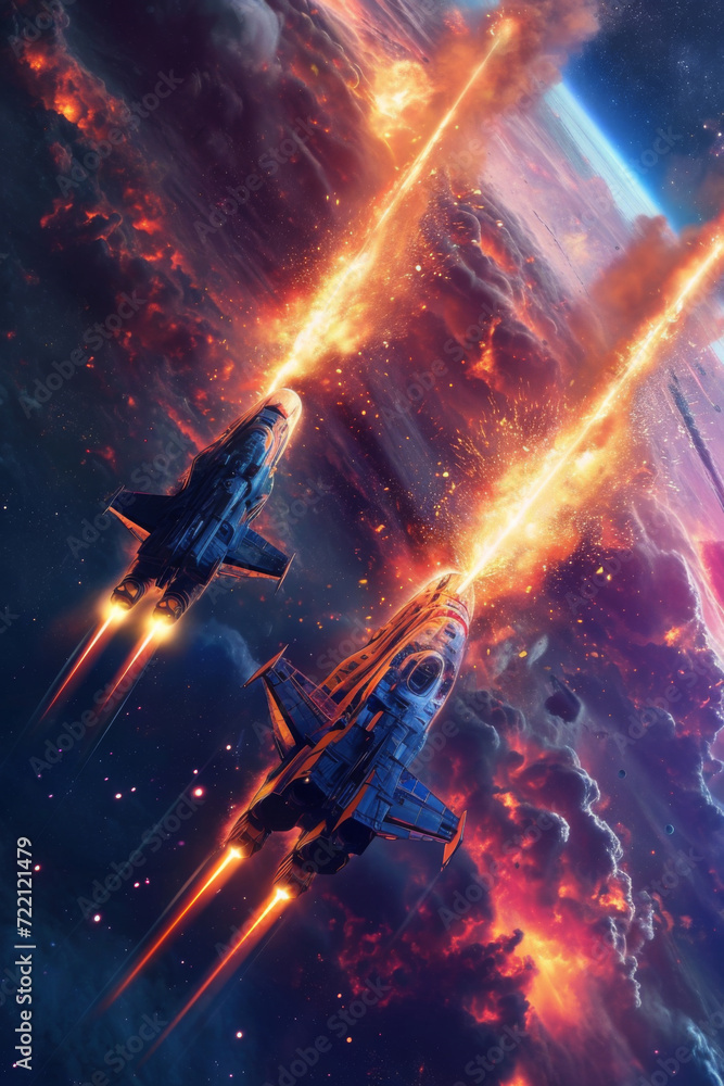 Fototapeta premium Two spacecraft flying in space with glowing rockets