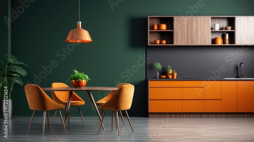 sleek teal and orange modern kitchen