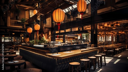 Trendy izakaya with industrial aesthetics, communal seating, and a lively social atmosphere photo
