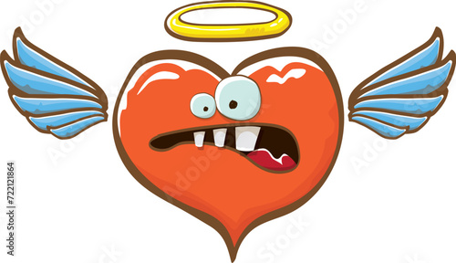 Cartoon bintage groovy heart character with wings and holy angel golden nimbus isolated on white background. Conceptual valentines day comic funky heart sticker and label vintage cartoon comic style