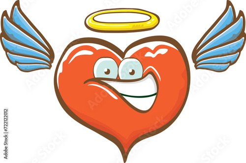 Cartoon bintage groovy heart character with wings and holy angel golden nimbus isolated on white background. Conceptual valentines day comic funky heart sticker and label vintage cartoon comic style