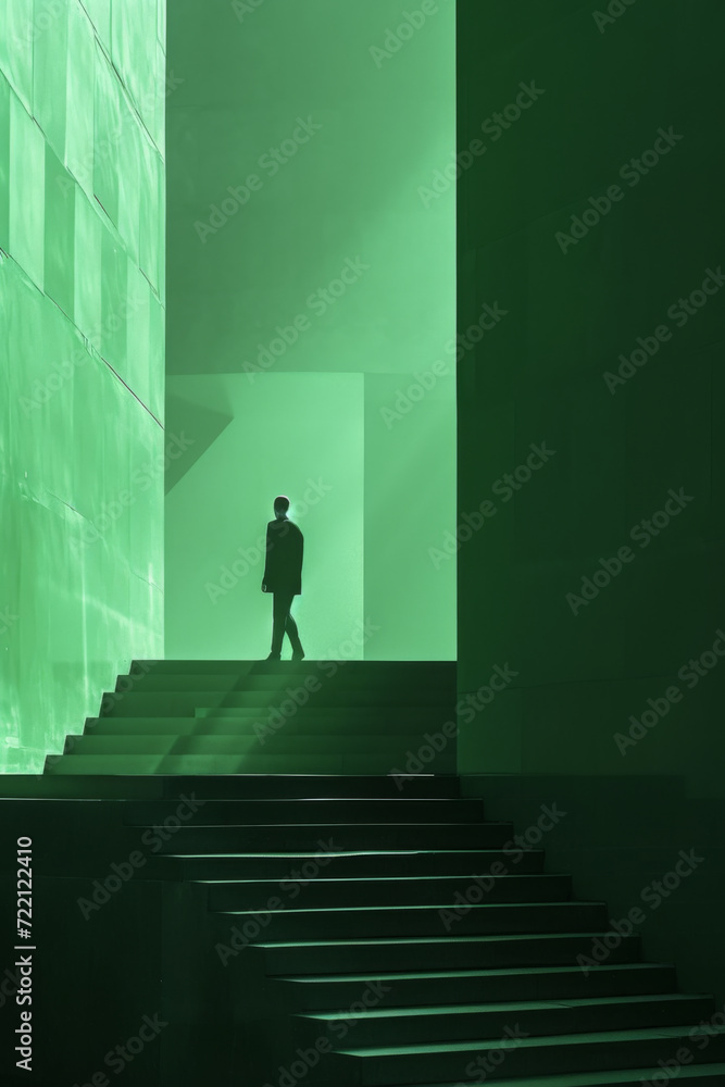 An image of a person walking up a set of stairs.