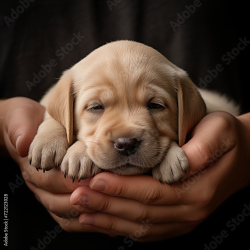 Labrador puppy dog in hands © Kokhanchikov