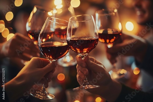 Hand holding glass of red wine, porto wine,  people cheering, cheers, spending a moment together with friends, party, happy moment, wine tasting, cheering, porto, Generative AI