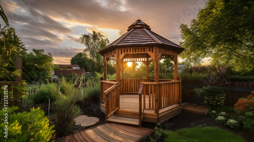 Sunset Sanctuary: Picturesque Garden Gazebo Amidst Verdant Splendor AI-Generative