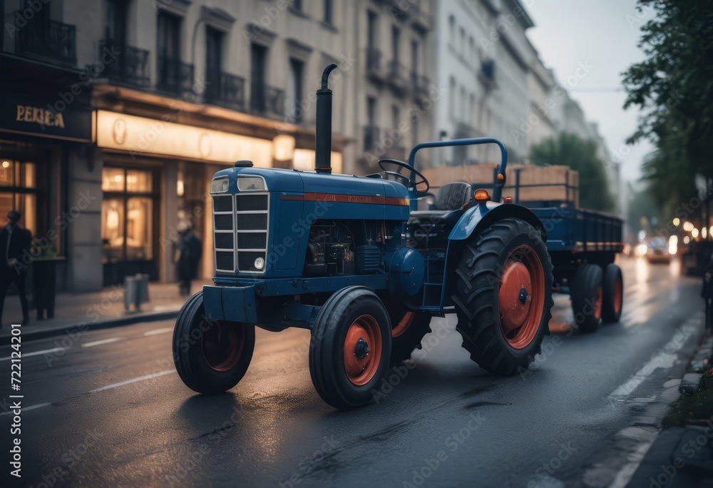 Blue tractor on the road with front loader up in the air buildings within background city Blue tractor on the road with front loader up in the air buildings within background city