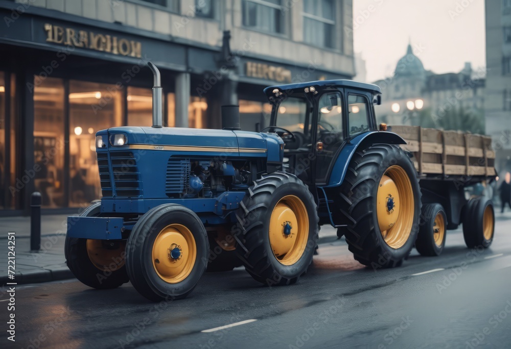 Blue tractor on the road with front loader up in the air buildings within background city Blue tractor on the road with front loader up in the air buildings within background city