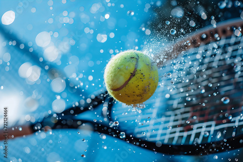 Close up detail of a tennis racket quickly and powerfully hitting a tennis ball with water drops splash particles on the court.  © Denis