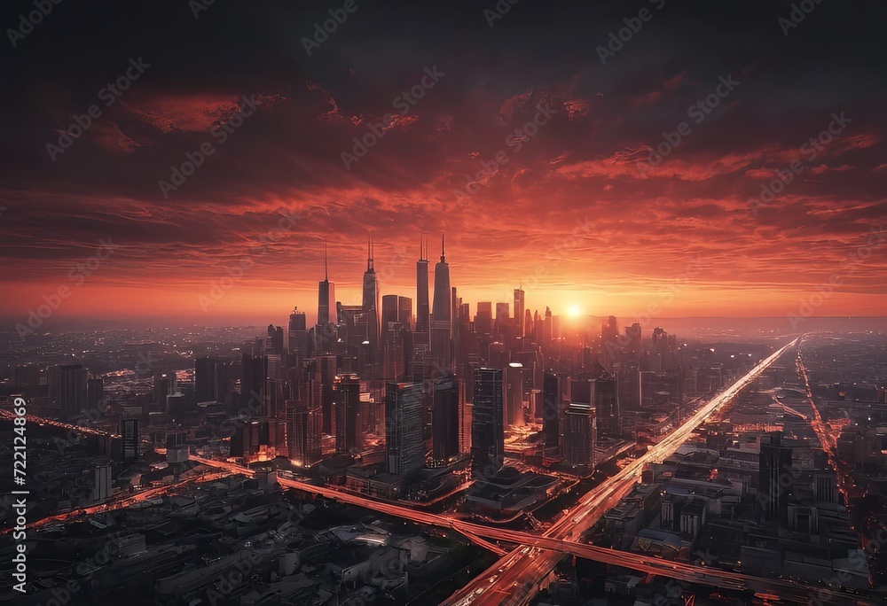 A big red sun in the sunset sky over the roofs of buildings, urban landscape. Evening sky in bright sunlight over the twilight city A big red sun in the sunset sky over the roofs of buildings, urban landscape. Evening sky in bright sunlight over the twilight city