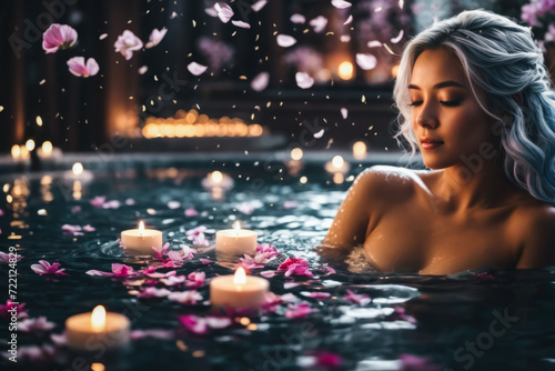 A woman in a candlelit spa enjoys a relaxing evening bath in petals. A tranquil spa setting with flickering candles, a bath of scattered rose petals and a serene, soothing atmosphere. photo