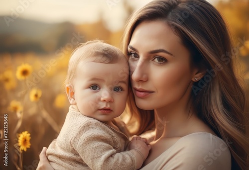 Loving mom carying of her newborn baby at home. Bright portrait of happy mum holding sleeping infant child on hands. Mother hugging her little 2 months old son.