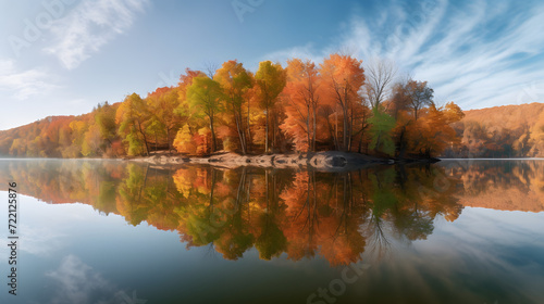 Autumnal Lakeside Elegance: Misty Dawn Reflecting Fall Foliage AI-Generative photo