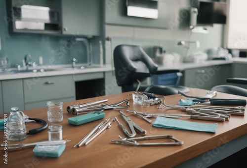 Top down view on various dental instruments such as syringe, toothbrushes, false teeth, pliers, mouth mirror, floss, picks, drill, scissors and mask