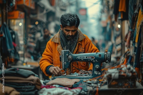 Indian street tailor creating custom garments with a sewing machine on a bustling street.