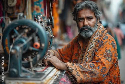 Indian street tailor creating custom garments with a sewing machine on a bustling street.