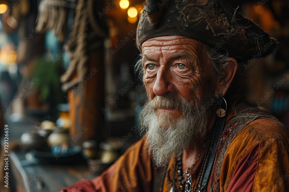 Obraz premium Portrait of a bearded man dressed in a pirate costume, looking piercingly into the camera against the backdrop of an ornate nautical-style interior. concept: sea pirates, travel robbers