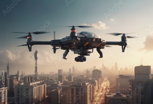 Autonomous driverless aerial vehicle flying on city background, Future transportation with 5G technology concept