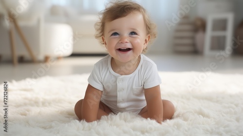 Happy baby boy sitting on a white carpet. Beautiful smiling infant in a white shirt crawling on a carpet in a light room. Cute cheerful baby boy moving around and looking at the camera.